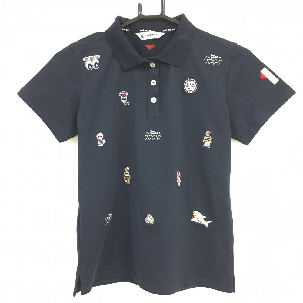 アンパスィ 半袖ポロシャツ ネイビー×白 前面刺しゅう総柄 レディース M ゴルフウェア and per se 画像