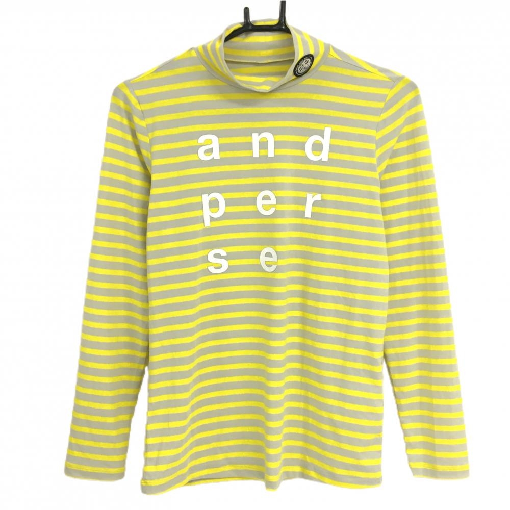 【超美品】アンパスィ 長袖ハイネックシャツ ライトグレー×イエロー ボーダー ネックロゴワッペン レディース M ゴルフウェア and per se