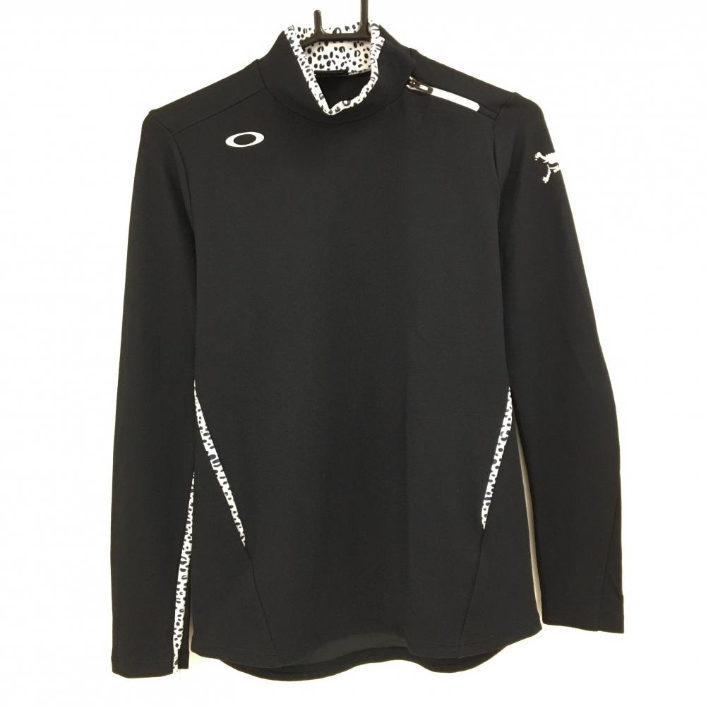 【美品】オークリー 長袖ハイネックシャツ 黒×白 一部レオパード調 肩ジップ スカルプリント  レディース M ゴルフウェア Oakley