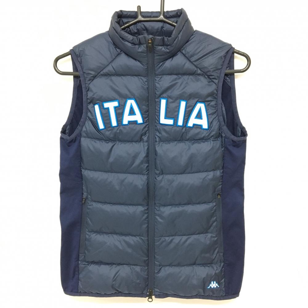 【美品】カッパ ダウンベスト ネイビー×白 フロントワッペン サイド切替 レディース M ゴルフウェア Kappa