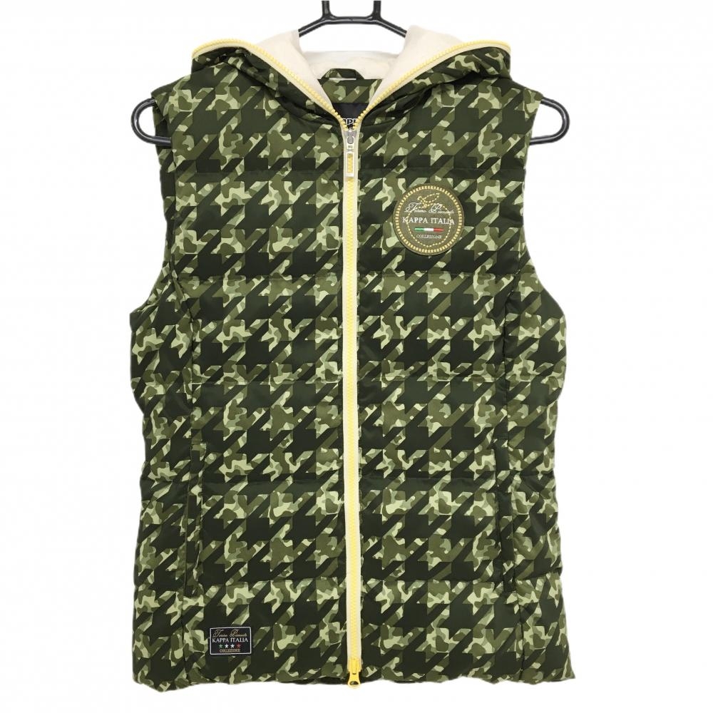 【超美品】カッパ ダウンベスト カーキ×グリーン カモフラ 迷彩 千鳥格子 フード付き 刺しゅうワッペン レディース M ゴルフウェア Kappa