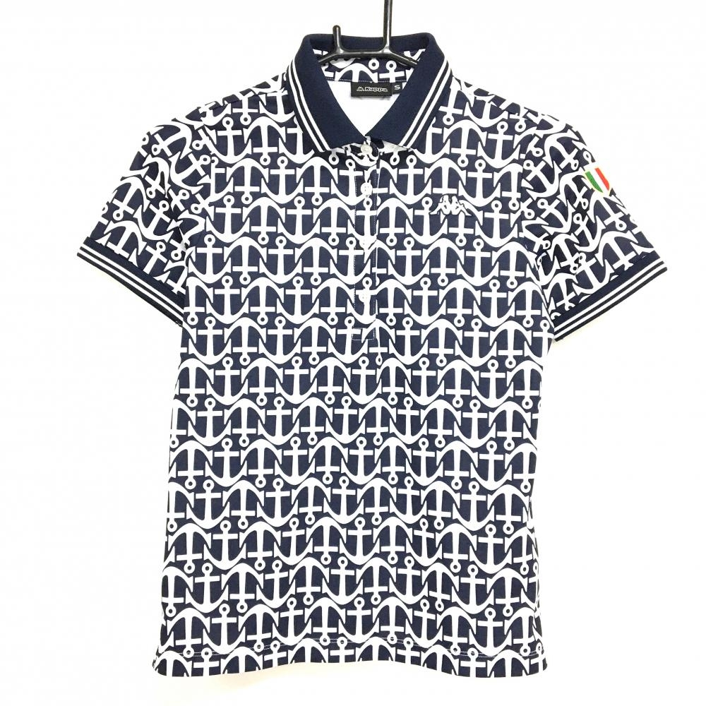 【美品】カッパ 半袖ポロシャツ ネイビー×白 イカリ柄 胸元ロゴ レディース S ゴルフウェア Kappa