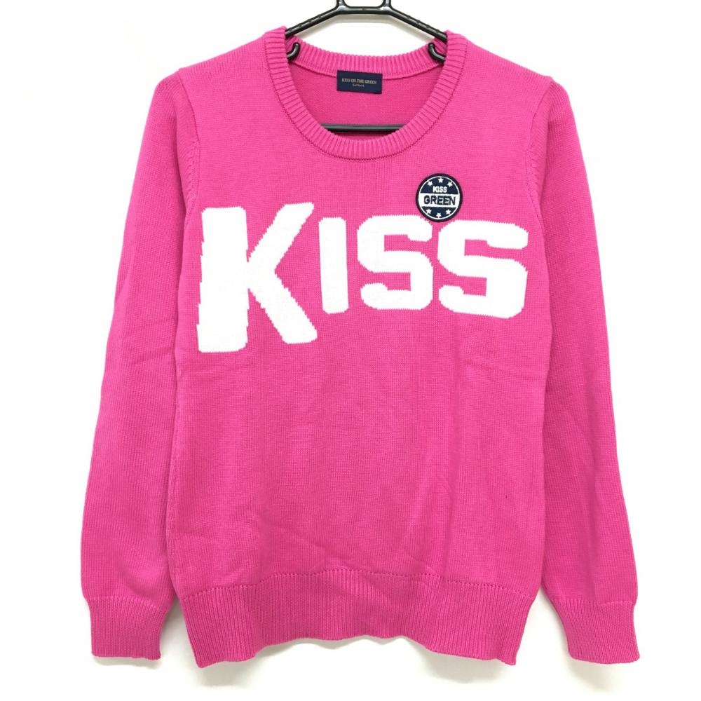【超美品】キスオンザグリーン セーター ピンク×白 胸元ワッペン ニット レディース 2(M) ゴルフウェア kiss on the green