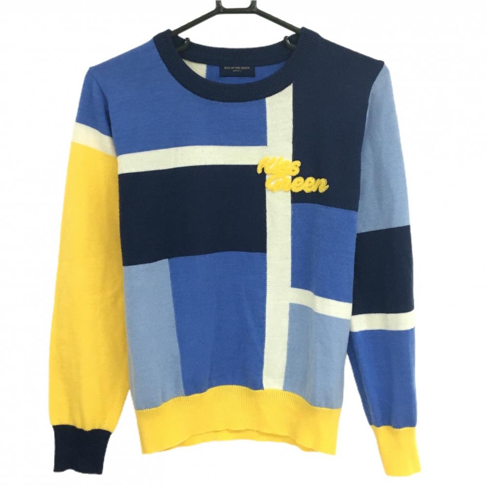 キスオンザグリーン セーター ブルー×イエロー パイル地ロゴ ウール混 ニット レディース 3(L) ゴルフウェア kiss on the green
