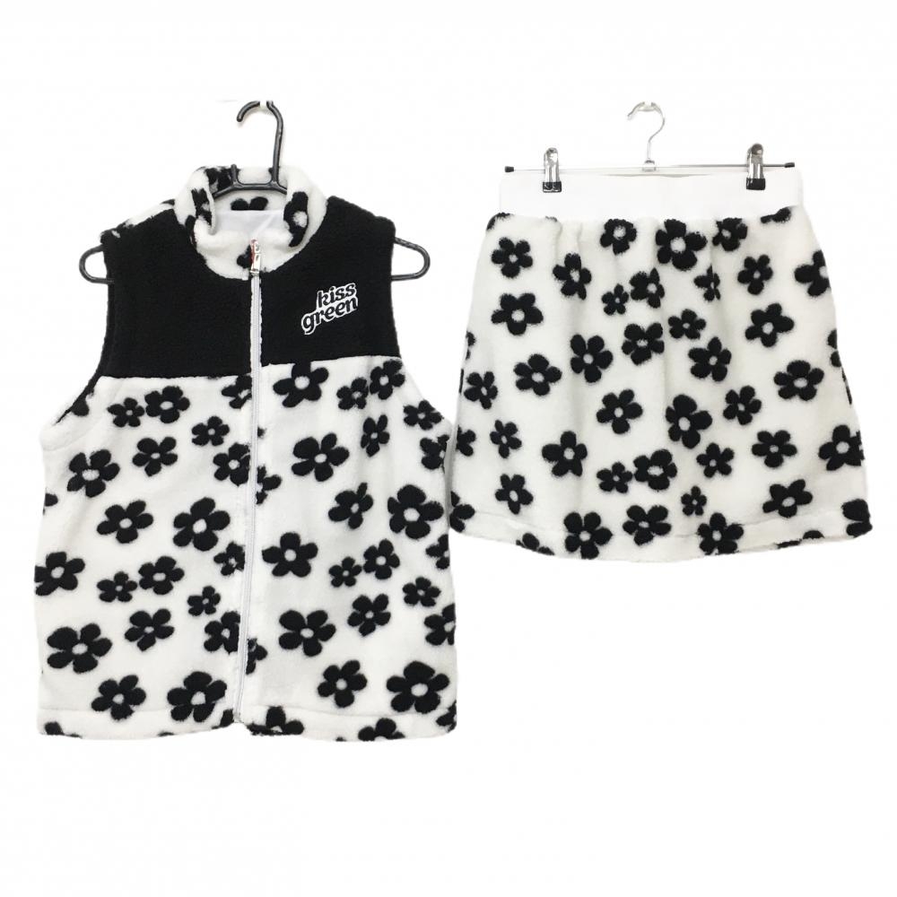 【新品】キスオンザグリーン ボアセットアップ(ベスト×スカート) 白×黒 フラワー総柄  レディース 3(L) ゴルフウェア kiss on the green