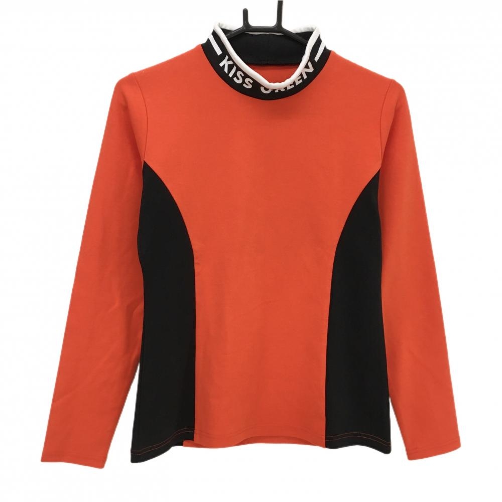 【美品】キスオンザグリーン 長袖ハイネックシャツ オレンジ×黒 ネックロゴ ネック薄汚れ レディース  ゴルフウェア kiss on the green