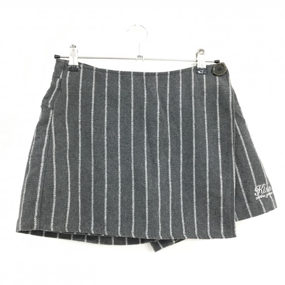 【美品】キスオンザグリーン キュロットスカート グレー×白 ストライプ 起毛素材 秋冬 レディース 2(M) ゴルフウェア kiss on the green