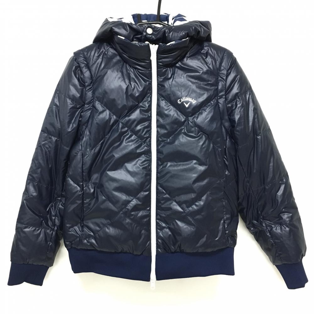 キャロウェイ リバーシブルダウンジャケット ネイビー×白 キルティング 4WAY 裏ストライプ レディース L ゴルフウェア Callaway