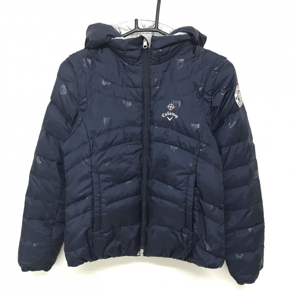 【美品】キャロウェイ 4WAYダウンジャケット ネイビー 地模様 フード・袖着脱可  レディース S ゴルフウェア Callaway