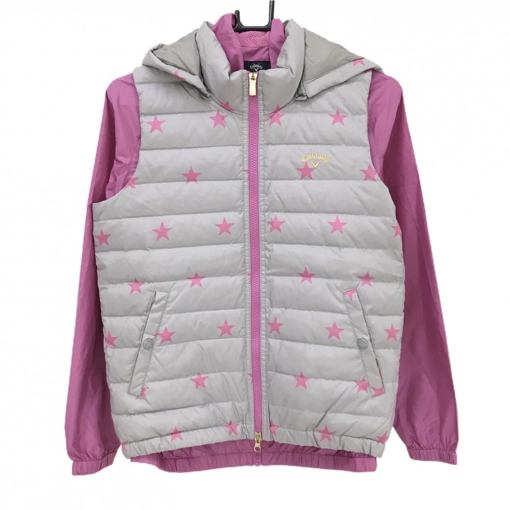 【美品】キャロウェイ ライナー付ダウンベスト グレー×ピンク 星柄 フード着脱可 ダウン90％  レディース M ゴルフウェア Callaway