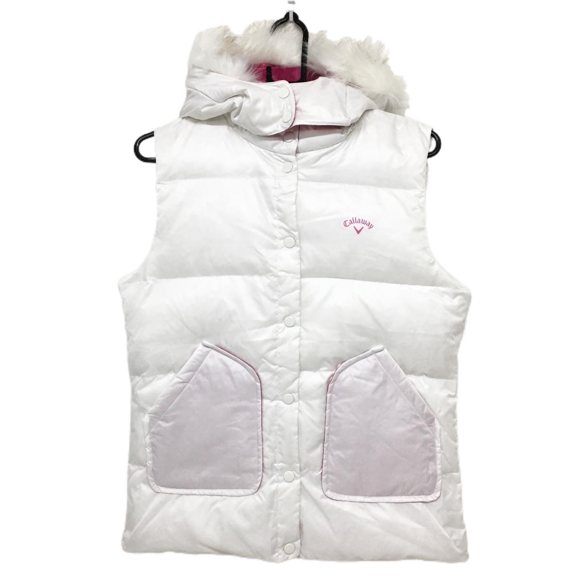 【新品】キャロウェイ 2WAYダウンベスト 白×ピンク フード・ファー着脱可 チャイニーズラクーン レディース LL ゴルフウェア Callaway