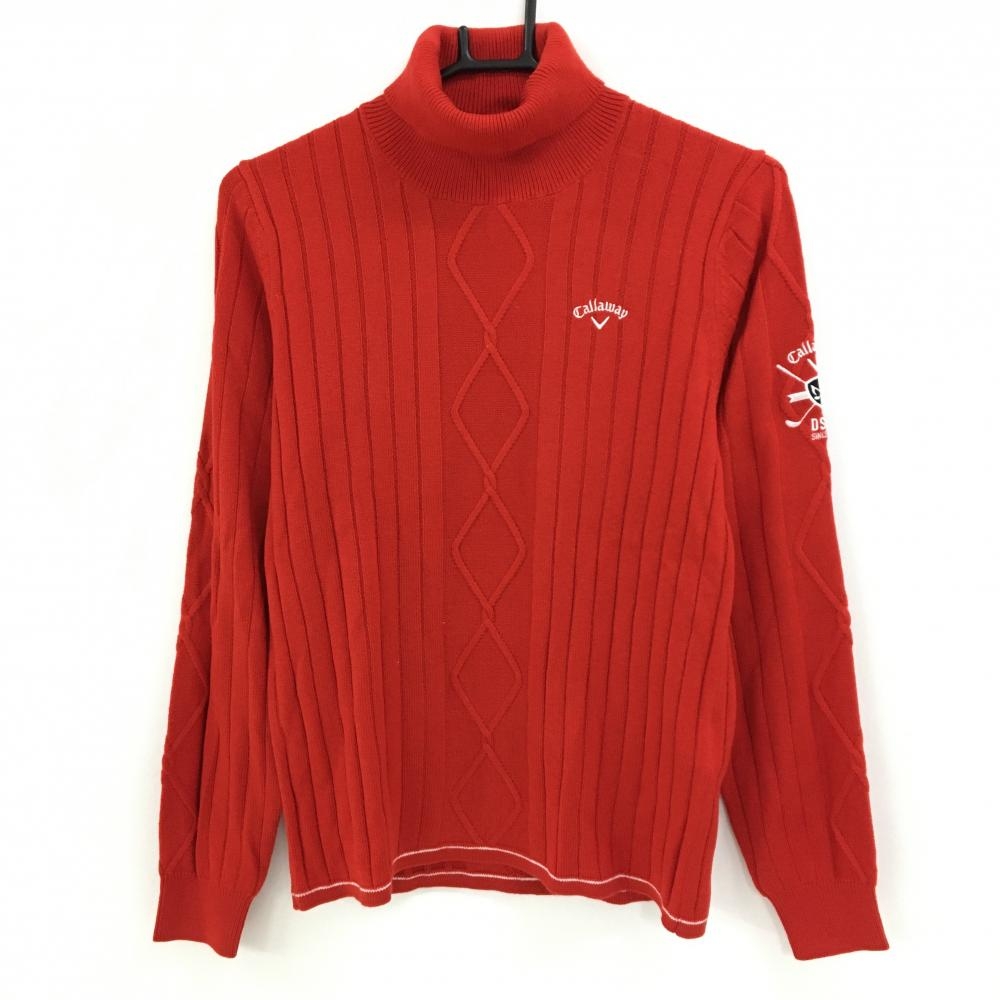【新品】キャロウェイ タートルネックセーター レッド ストライプ編み ロゴ白 ニット レディース L ゴルフウェア Callaway