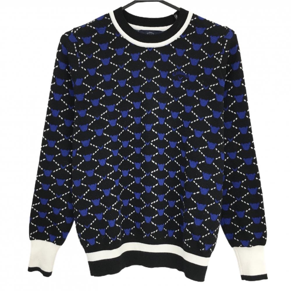 【美品】キャロウェイ セーター 黒×ブルー 総柄 クマ ウール混 ニット レディース M ゴルフウェア Callaway