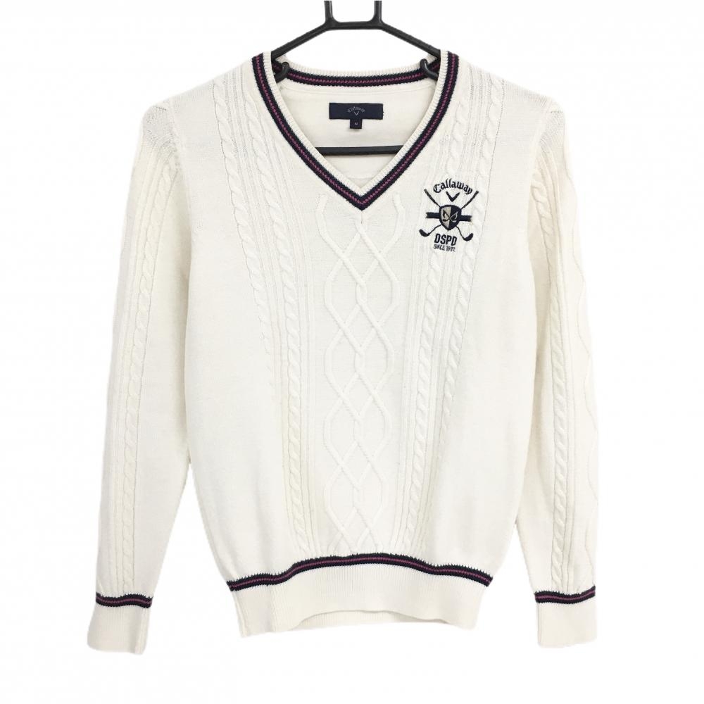 【美品】キャロウェイ セーター 白 ケーブル編み ロゴネイビー Vネック ニット レディース M ゴルフウェア Callaway