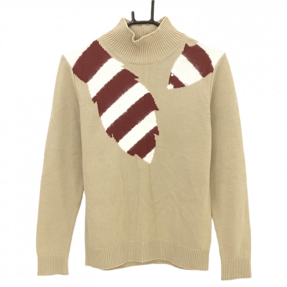 キャロウェイ セーター ベージュ×レッド 一部ボーダー ラインストーン ニット ウール混 レディース L ゴルフウェア Callaway