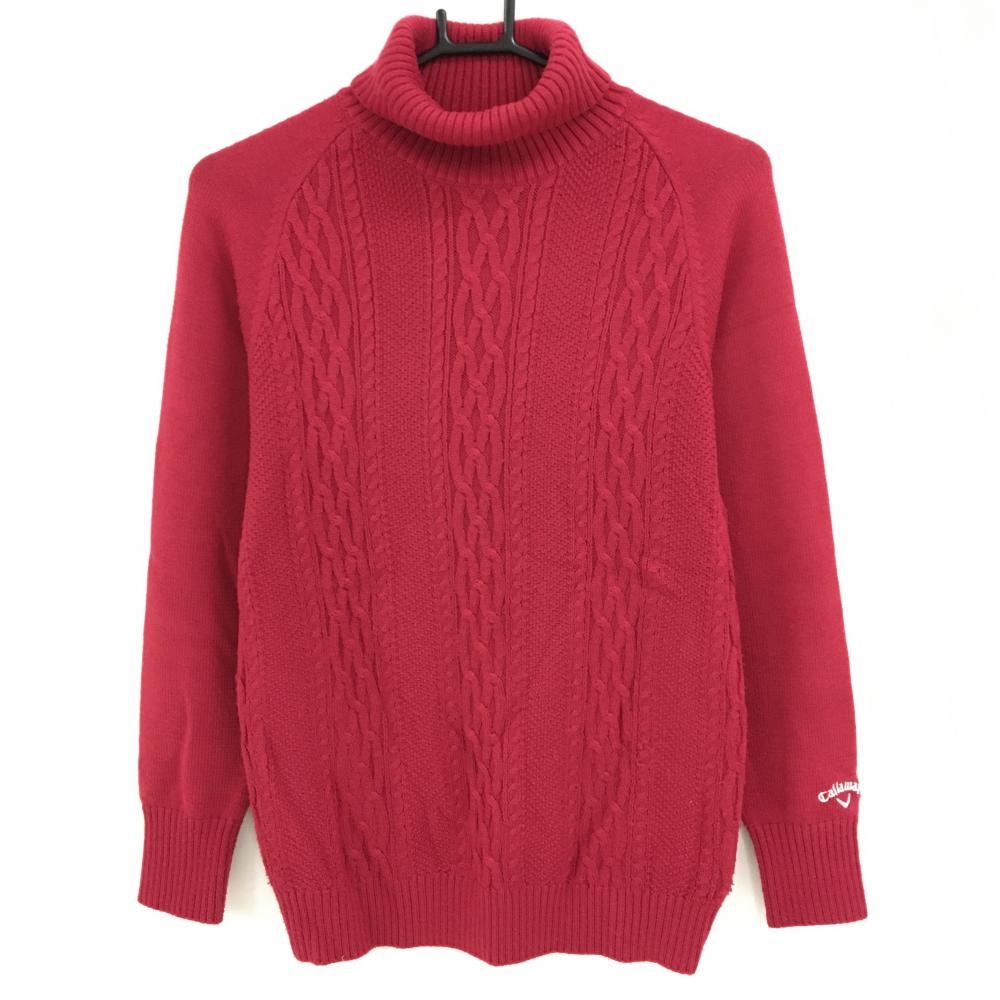 キャロウェイ タートルネックセーター ピンクレッド ケーブル編み ロゴ白 ウール混 ニット  レディース L ゴルフウェア Callaway