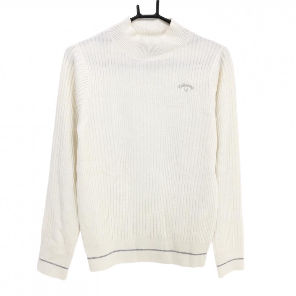 キャロウェイ ハイネックセーター 白 ランダムリブ編み ロゴシルバー ウール混 ニット レディース L ゴルフウェア Callaway