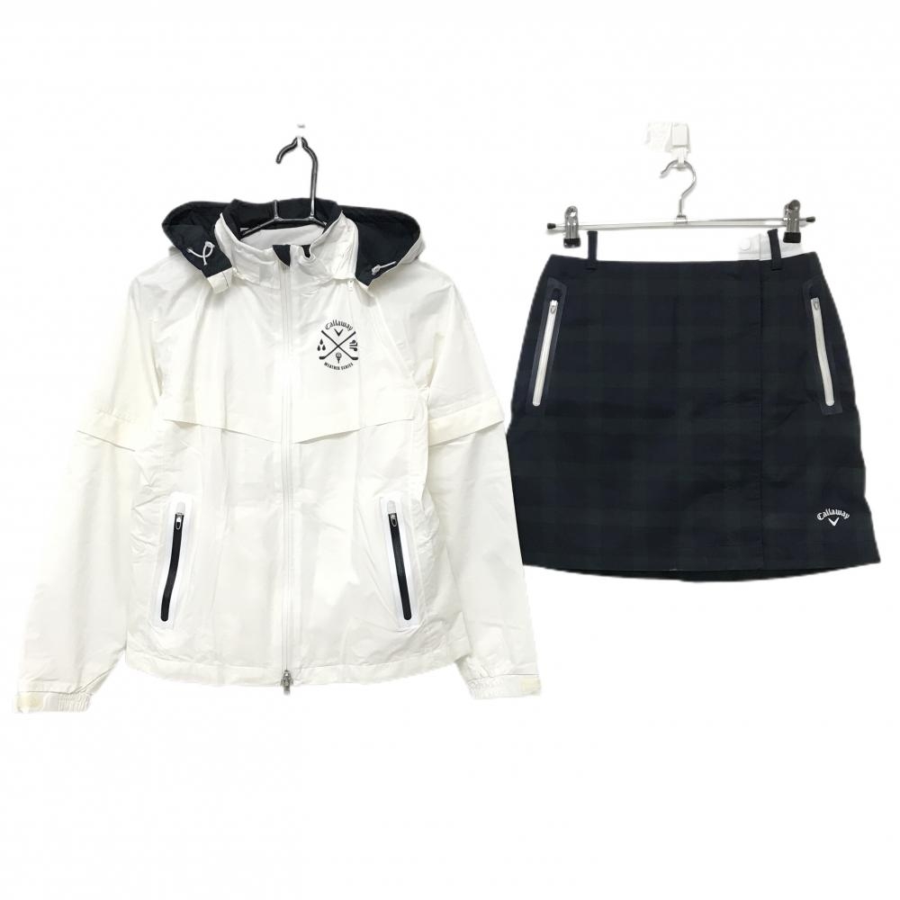 キャロウェイ レインウェア(2WAYジャケット×スカート) 白×ネイビー スカートチェック 裏地メッシュ レディース S ゴルフウェア Callaway