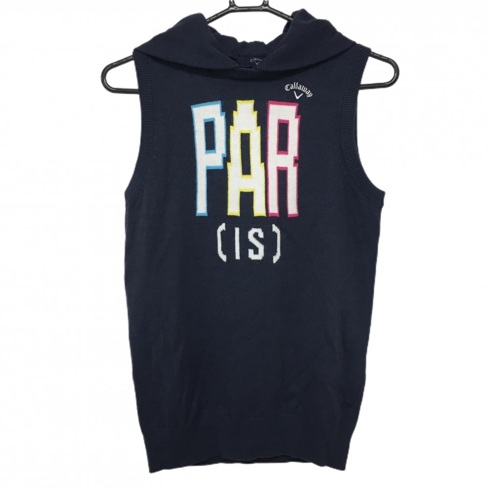 キャロウェイ フード付きニットベスト ネイビー×白 ロゴ刺しゅう ウール混  レディース L ゴルフウェア Callaway 画像