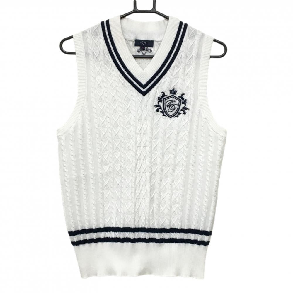 キャロウェイ ニットベスト 白×ネイビー ケーブル編み Vネック レディース LL ゴルフウェア 2025年モデル Callaway
