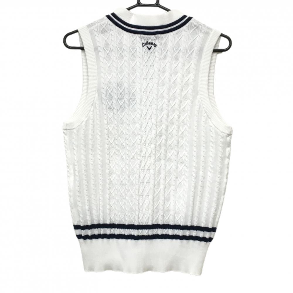 キャロウェイ ニットベスト 白×ネイビー ケーブル編み Vネック