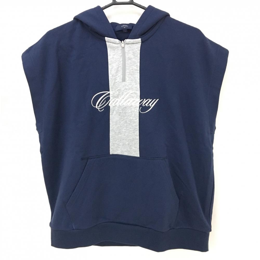 【美品】キャロウェイ フード付ベスト ネイビー×グレー スウェット地 ハーフジップ レディース L ゴルフウェア 2025年モデル Callaway