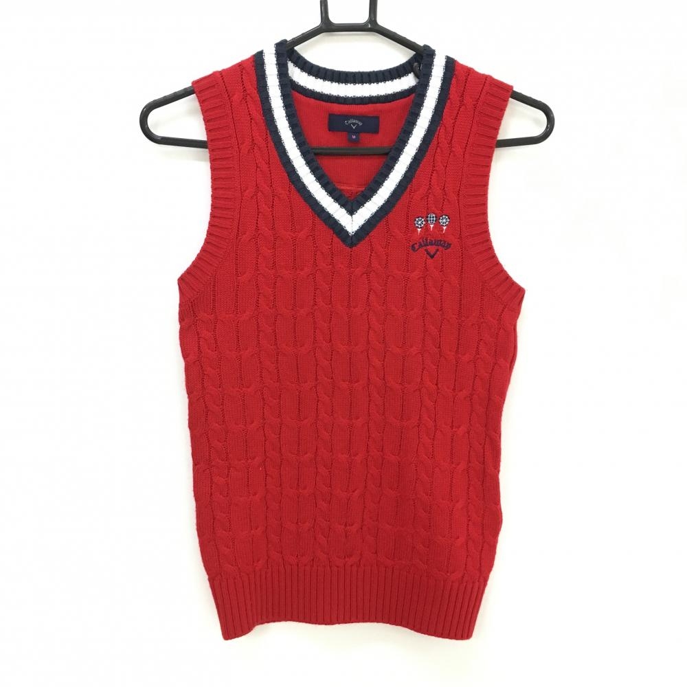 【美品】キャロウェイ ニットベスト レッド ケーブル編み ウール混  レディース M ゴルフウェア Callaway