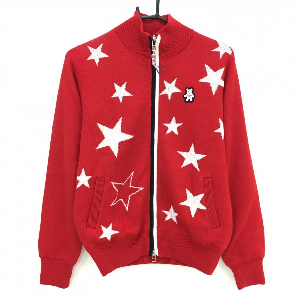 【超美品】キャロウェイ ニットジャケット レッド×白 星柄 ベアワッペン ウール混 裏地付き レディース M ゴルフウェア Callaway