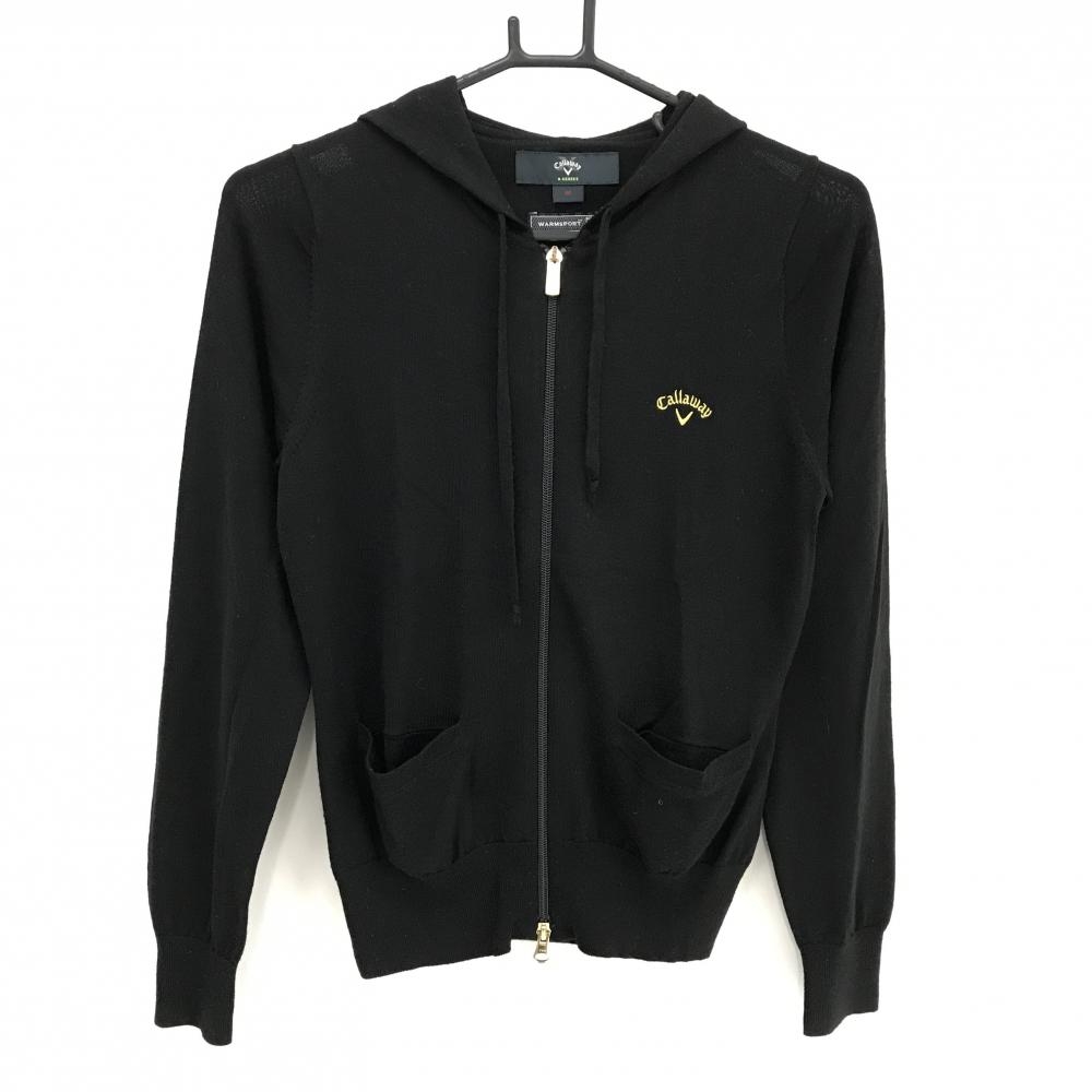 【超美品】キャロウェイ ニットジップパーカー 黒×ゴールド ロゴ刺しゅう 薄手 レディース M ゴルフウェア Callaway