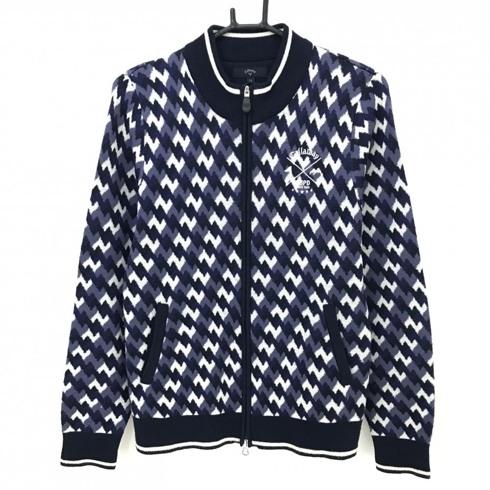 キャロウェイ ニットジャケット ネイビー×白 総柄 ウール混 レディース LL ゴルフウェア Callaway