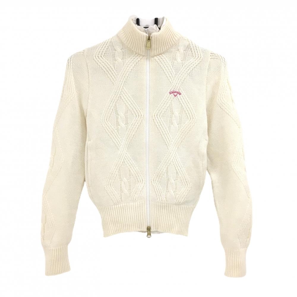 【美品】キャロウェイ インナー付ニットジャケット アイボリー×白 ケーブル編み ウール混  レディース S ゴルフウェア Callaway