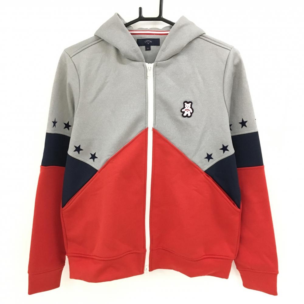 【超美品】キャロウェイ ジップパーカー グレー×レッド ベアワッペン 裏起毛 星 レディース LL ゴルフウェア Callaway