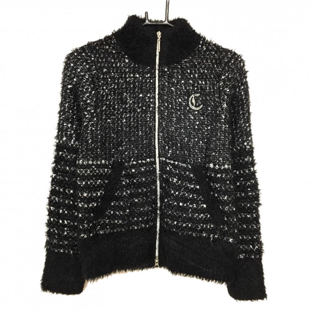 【美品】キャロウェイ ニットジャケット 黒×白 シャギー ラメ糸 ラインストーン 裏地付き レディース M ゴルフウェア Callaway