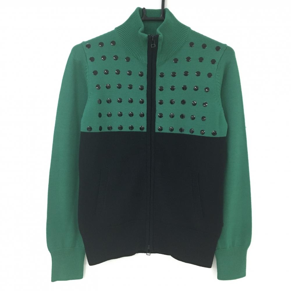 【超美品】キャロウェイ ニットジャケット 黒×グリーン 胸上ドット ウール混 バイカラー  レディース M ゴルフウェア Callaway