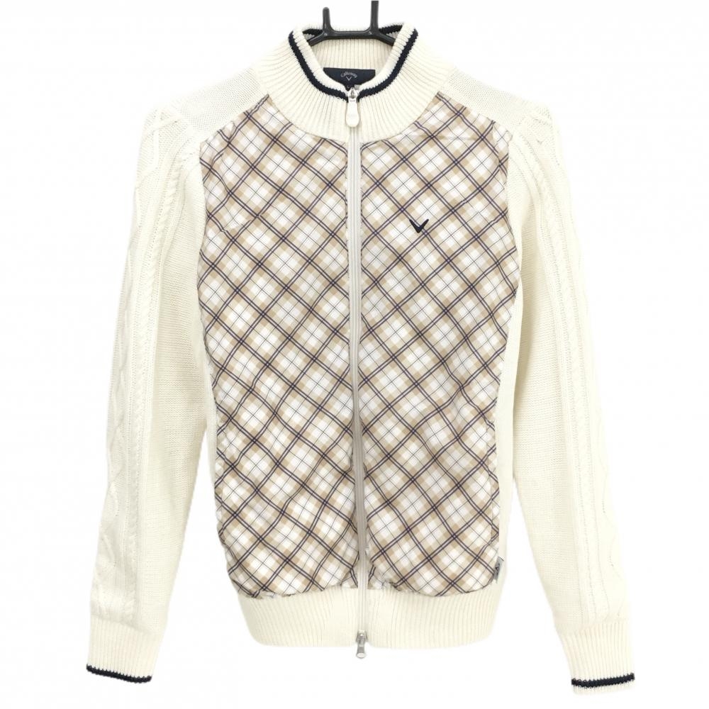 キャロウェイ ニットジャケット 白×ネイビー 前身頃チェック 裏地付 ウール混 レディース L ゴルフウェア Callaway