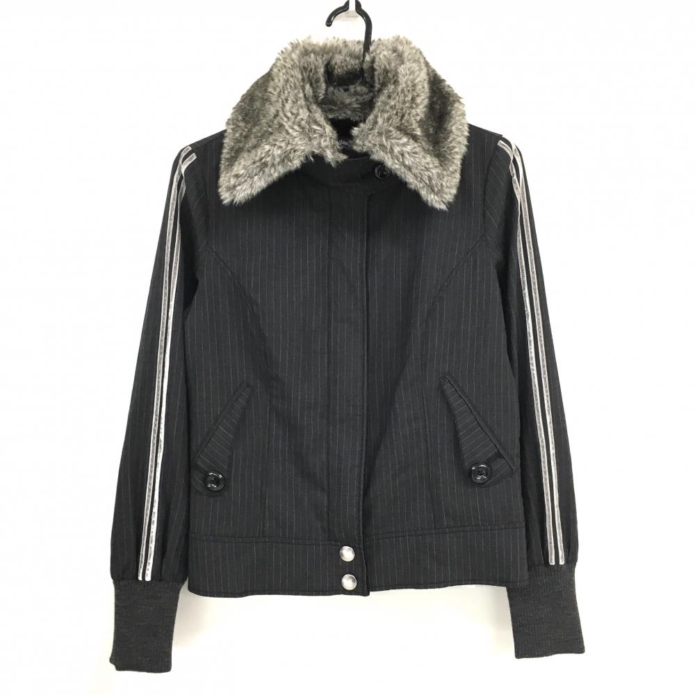 【美品】キャロウェイ ファー付きジャケット グレー×白 ストライプ  レディース M ゴルフウェア Callaway