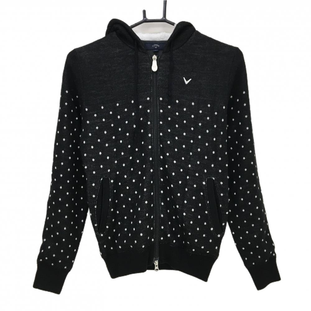 【美品】キャロウェイ ニットジップパーカー 黒×白 ドット柄 ウール混 ダブルジップ  レディース M ゴルフウェア Callaway