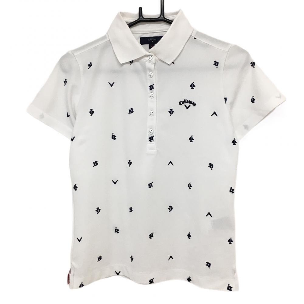キャロウェイ 半袖ポロシャツ 白×ネイビー ヨット柄 ロゴ総柄  レディース M ゴルフウェア Callaway 画像