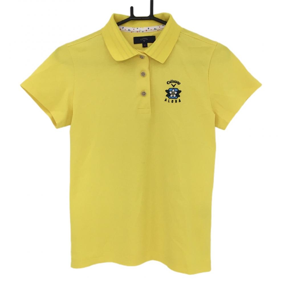 キャロウェイ 半袖ポロシャツ イエロー ロゴ刺しゅう 花 襟裏3ライン レディース M ゴルフウェア Callaway 画像