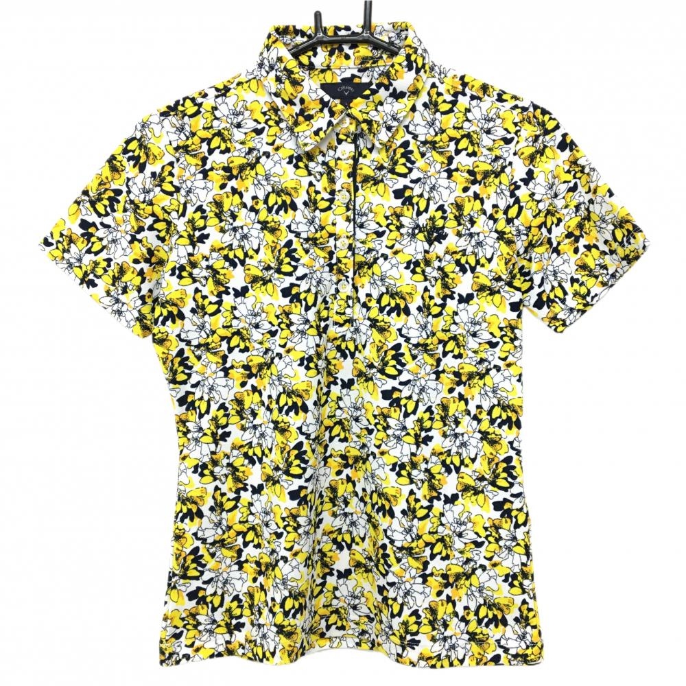 【超美品】キャロウェイ 半袖ポロシャツ 白×イエロー×黒 花柄 レディース L ゴルフウェア Callaway