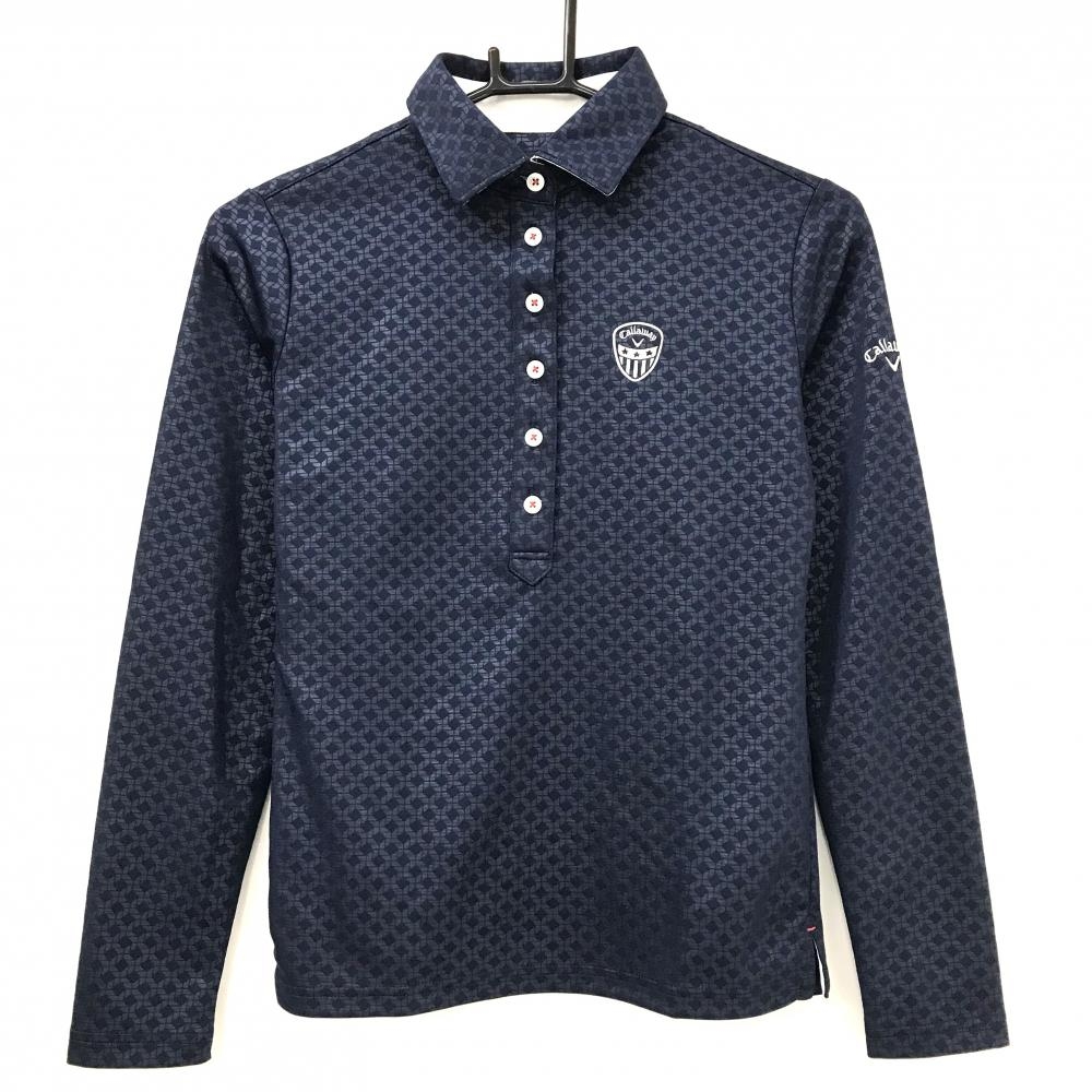 【美品】キャロウェイ 長袖ポロシャツ ネイビー×白 斜め格子風地模様 ロゴ刺しゅう レディース S ゴルフウェア Callaway