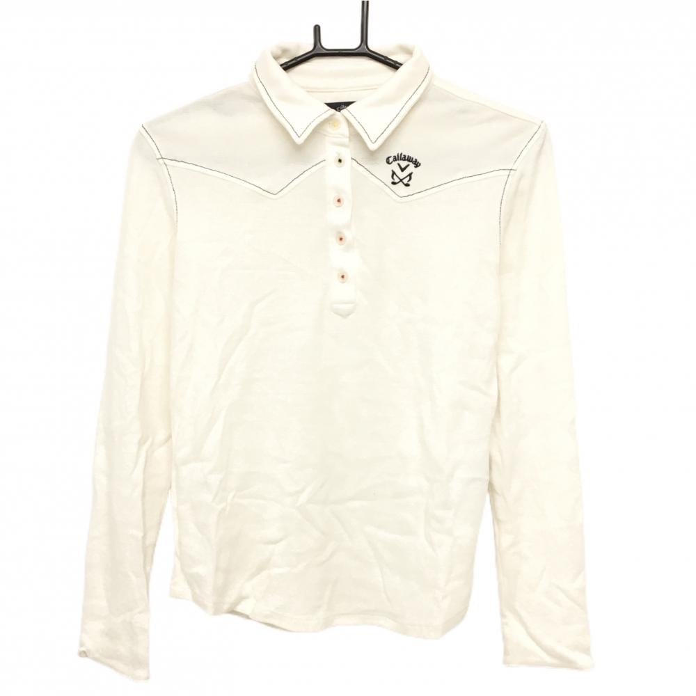 【美品】キャロウェイ 長袖ポロシャツ 白×ネイビー 微起毛 ロゴ刺しゅう  レディース L ゴルフウェア Callaway
