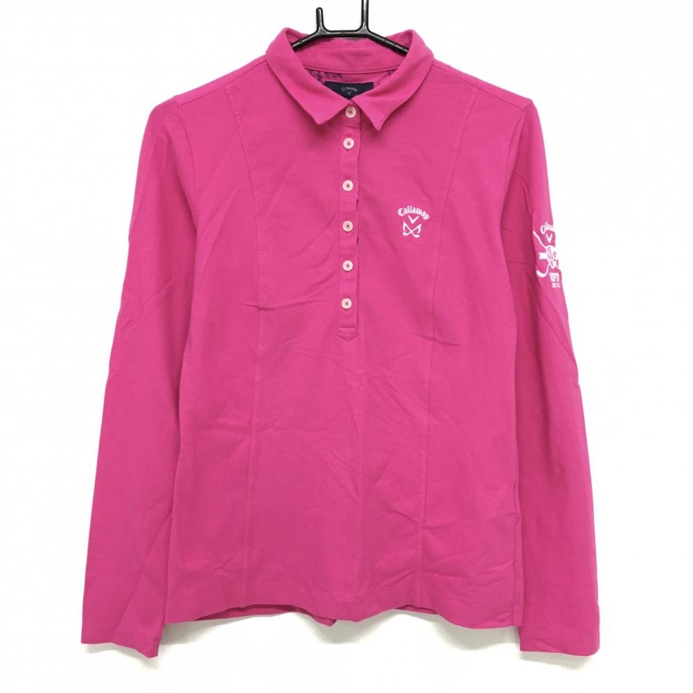 キャロウェイ 長袖ポロシャツ ピンク ロゴ白 前立て内側総柄 レディース L ゴルフウェア Callaway