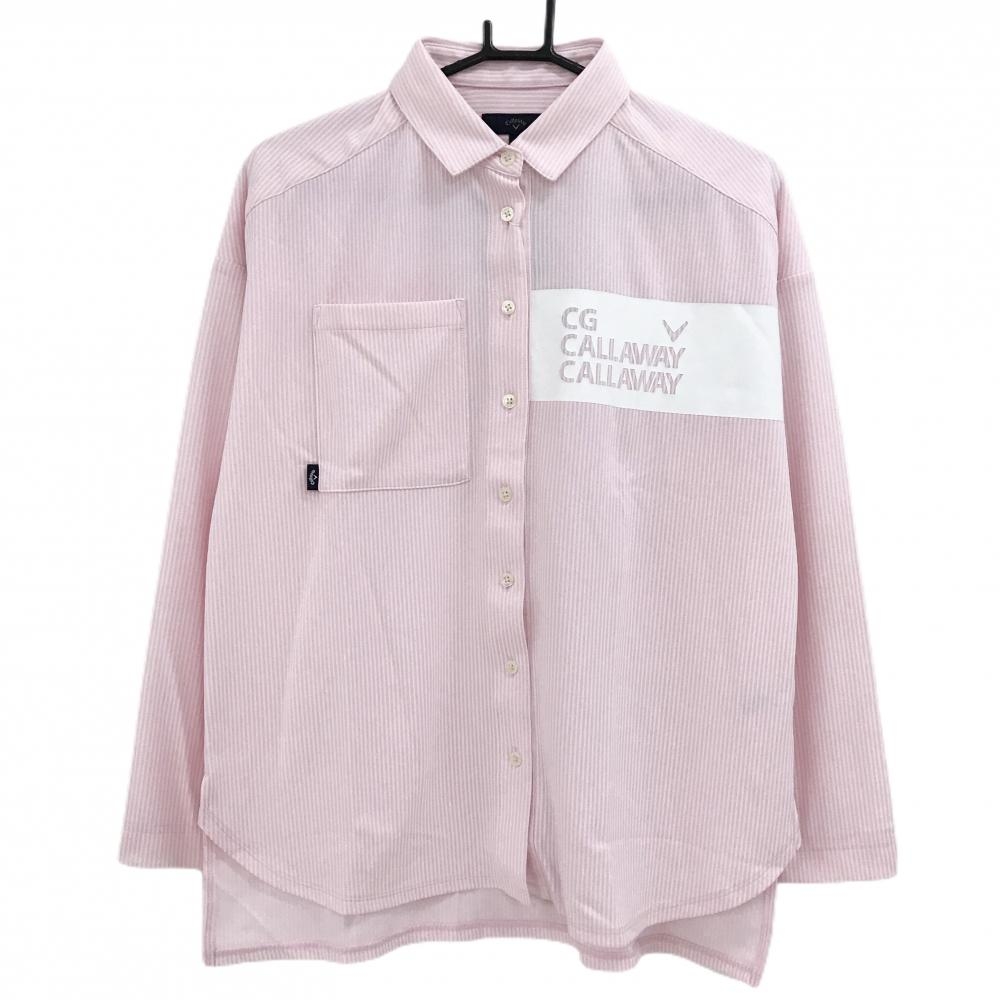【新品】キャロウェイ 長袖シャツ ピンク×白 ストライプ UVカット 吸汗速乾  レディース L ゴルフウェア 2024年モデル Callaway