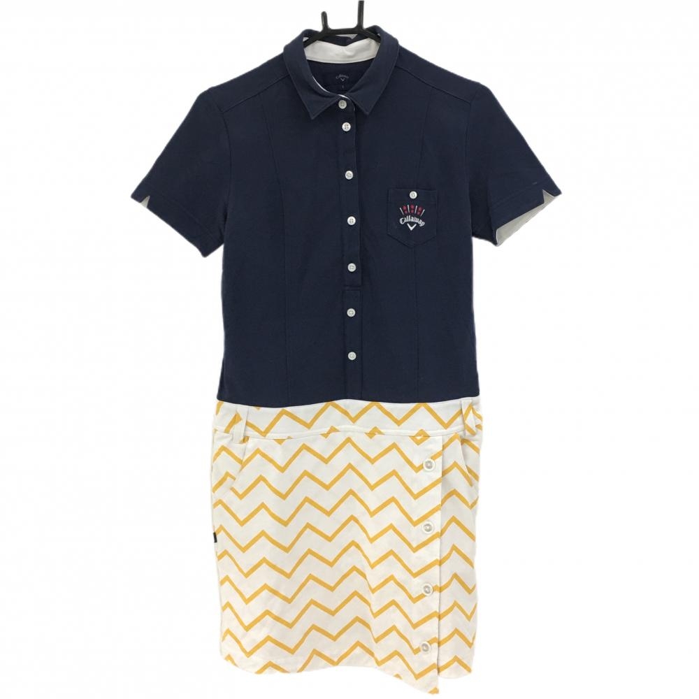 Callaway 半袖ワンピース L ネイビー キャロウェイ 半袖ポロワンピース ネイビー×白×イエロー スカート部