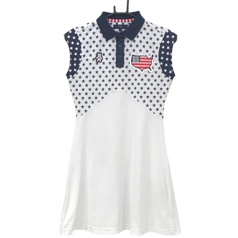 キャロウェイ ノースリーブポロワンピース 白×ネイビー×レッド 上部星柄 レディース S ゴルフウェア Callaway