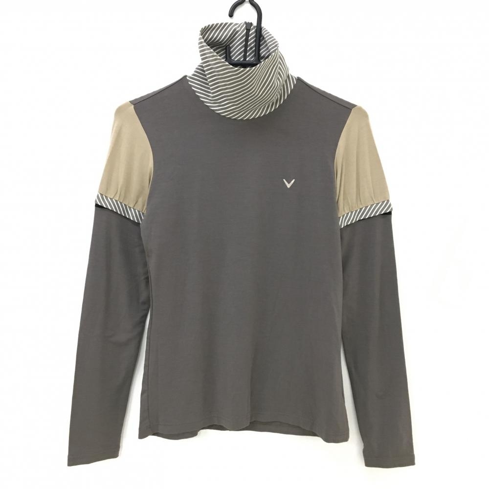 【新品】キャロウェイ 2WAY長袖ハイネックシャツ ブラウン×白 ネック斜めストライプ レディース L ゴルフウェア Callaway