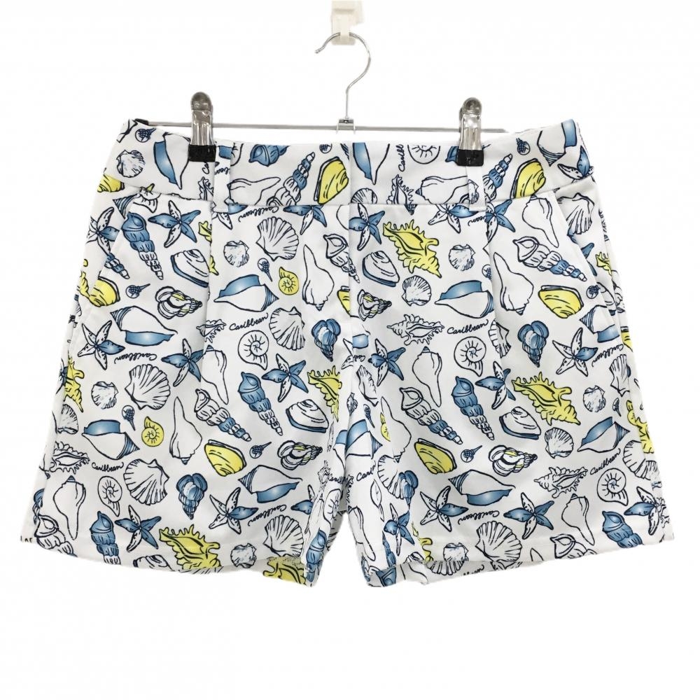 【新品】キャロウェイ ショートパンツ 白×ネイビー×イエロー シェル柄 貝殻 速乾 レディース L ゴルフウェア Callaway