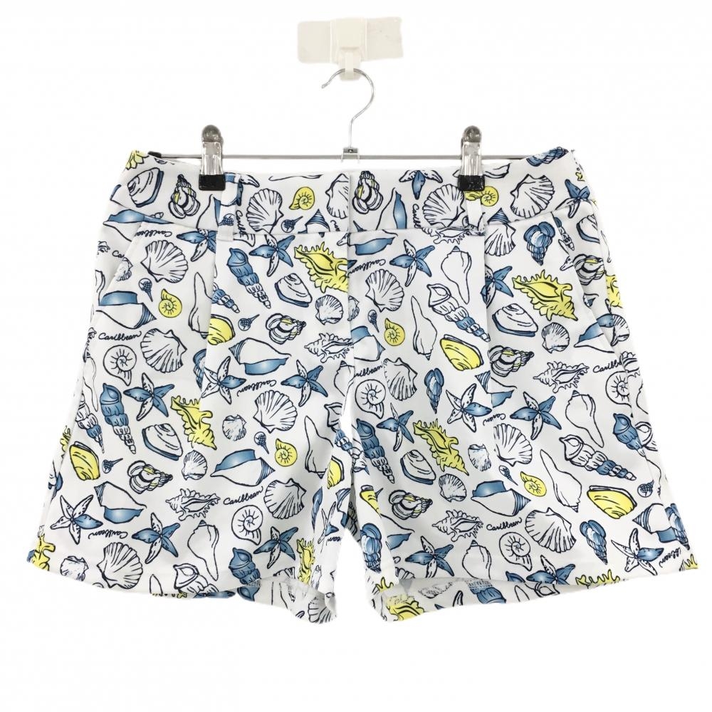 【新品】キャロウェイ ショートパンツ 白×ネイビー×イエロー シェル柄 貝殻 速乾 レディース L ゴルフウェア Callaway