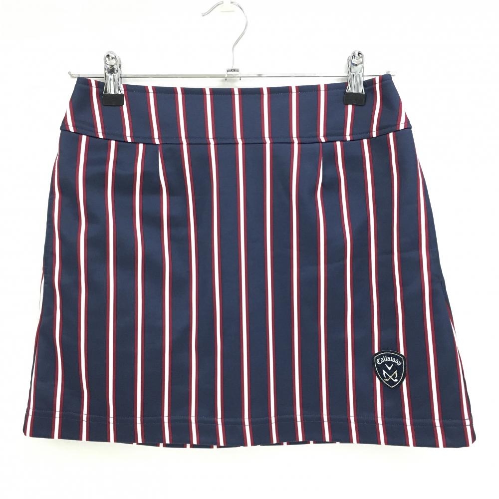 【超美品】キャロウェイ スカート ネイビー×レッド ストライプ ロゴワッペン 裏微起毛 裏地付き レディース S ゴルフウェア Callaway